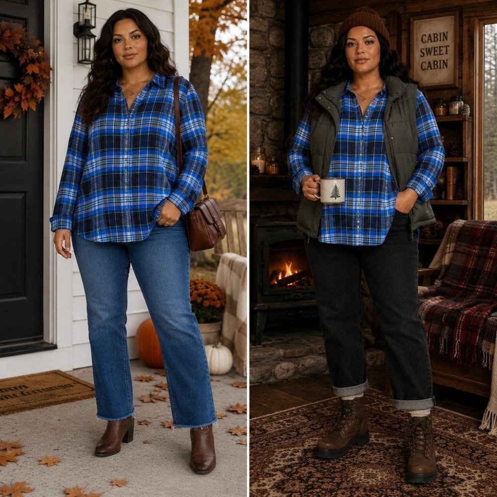 L.L.Bean Plaid Button Front Tunic Shirt L Blue Cotton Long Sleeve Cabin Fall